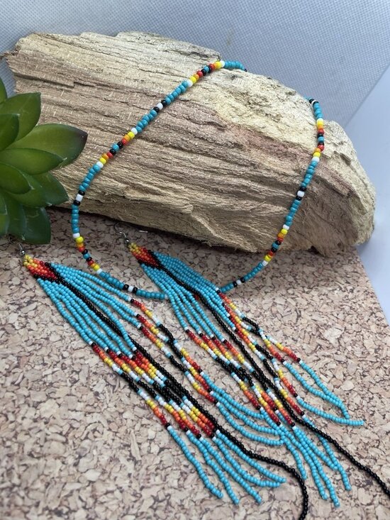 Handmade Jewelry - TURQUOISE 7" Handmade Earrings Fun Seed Bead Necklace Set Boho Choker Beach